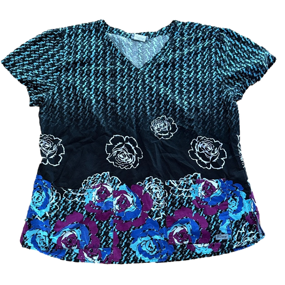 Grey’s Anatomy Short Sleeve Scrub Top Floral Houndstooth Black Blue Purple XL